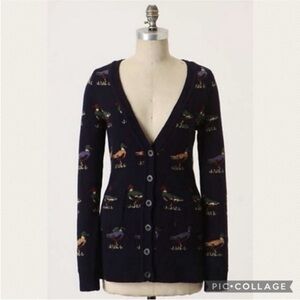 Anthropologie Monogram HWR Navy Blue Mallard Duck Wool Cardigan